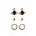 Black Saturn Planet Earrings Set – 6 Pcs Gold Studs & Mini Hoops Combo