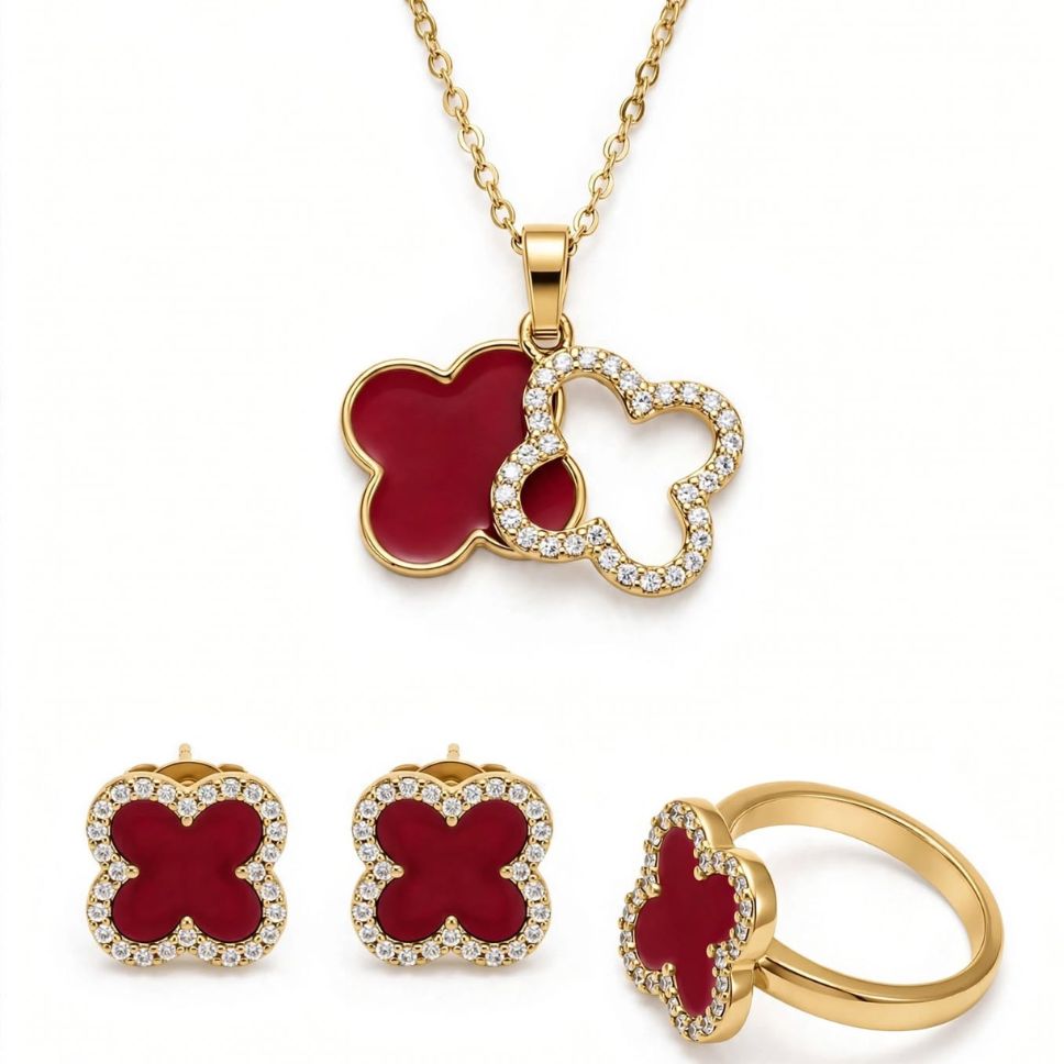 IR Gems Gold Stainless Steel Red Clover Set | Double Necklace + 2 Bali + Ring | Ruby Gold Double Clover Set Red - Stainless Steel Necklace, Bali & Ring | Ruby | IR Gems - Image 1