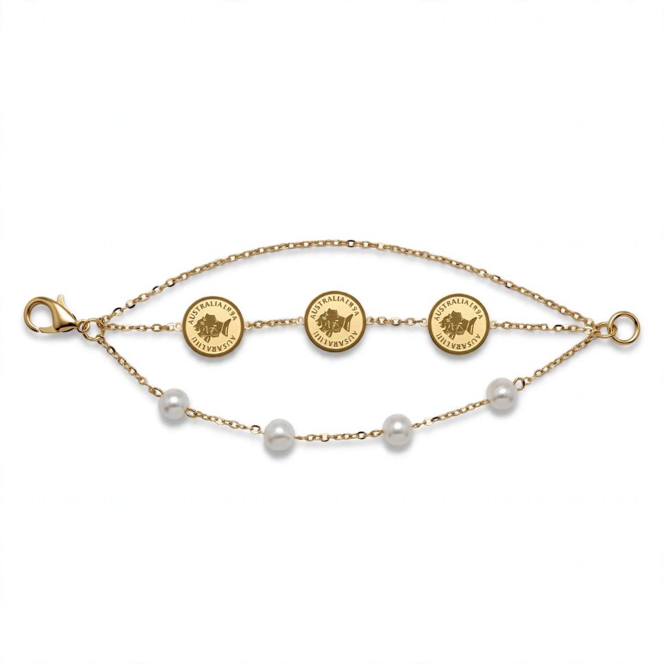 IR Gems Stainless Steel Coin Bracelet | Double Chain Gold Pearl & Coin Charms | Anti-Tarnish IR Gems Stainless Steel Coin Bracelet | Double Chain Gold Pearl & Coin Charms | Anti-Tarnish - Image 1