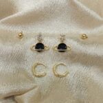 Black Saturn Planet Earrings Set – 6 Pcs Gold Studs & Mini Hoops Combo - Image 3