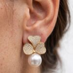 Clover Pearl Drop Earrings - Gold Pavé Flower with Pearl - Image 2