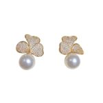 Clover Pearl Drop Earrings - Gold Pavé Flower with Pearl
