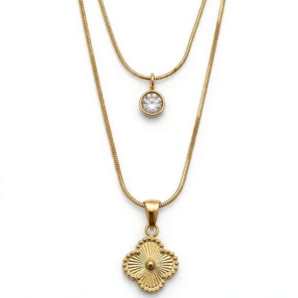 IR Gems Gold Double Layer Clover Necklace | Small Zircon + Big Clover Pendant | Waterproof