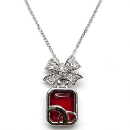 IR Gems Silver Red Gift Bottle Bow Necklace | Crystal Bow Pendant | Stainless Steel Waterproof Necklace For Girls