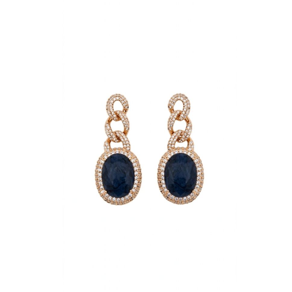 irgems-blue-zircon-chain-drop-white IR Gems Royal Blue Zircon Chain Drop Earrings | Gold Twisted Chain Pave + Oval Blue Sapphire Halo | Party Wear Statement - Image 1