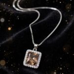 IR Gems Champagne Brown Necklace | Square Halo Pendant | Silver Chain for Girls - Image 3