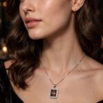 IR Gems Champagne Brown Necklace | Square Halo Pendant | Silver Chain for Girls - Image 2