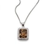 IR Gems Champagne Brown Necklace | Square Halo Pendant | Silver Chain for Girls