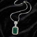 IR Gems Emerald Green Necklace | Rectangle Double Halo Pendant | Silver Chain - Image 3