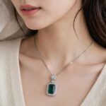 IR Gems Emerald Green Necklace | Rectangle Double Halo Pendant | Silver Chain - Image 2