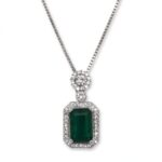IR Gems Emerald Green Necklace | Rectangle Double Halo Pendant | Silver Chain