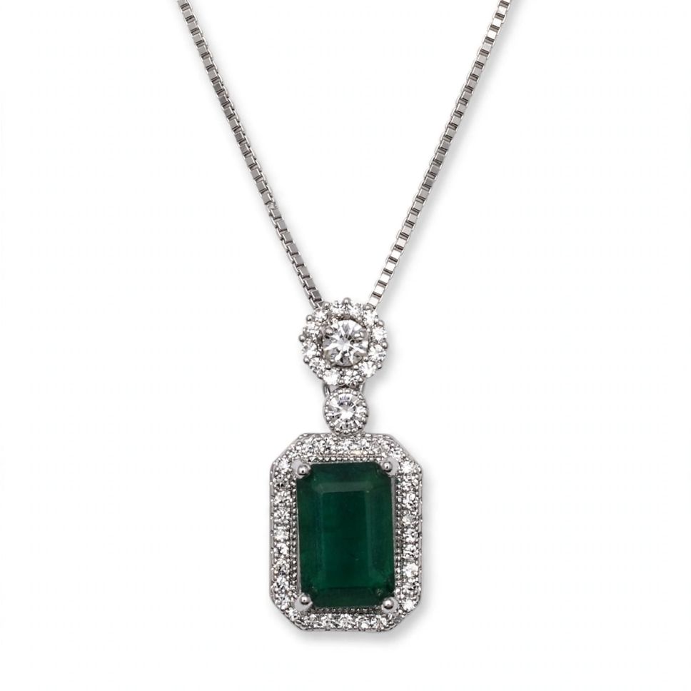 irgems-emerald-rect-double-halo-white-main IR Gems Emerald Green Necklace | Rectangle Double Halo Pendant | Silver Chain - Image 1
