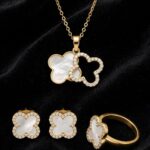 Gold Double Clover Set White - Stainless Steel MOP Necklace, Bali & Ring | IR Gems - Image 3