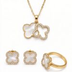 Gold Double Clover Set White - Stainless Steel MOP Necklace, Bali & Ring | IR Gems