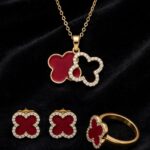 Gold Double Clover Set Red - Stainless Steel Necklace, Bali & Ring | Ruby | IR Gems - Image 2