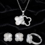 Silver Double Clover Set White - Stainless Steel MOP Necklace, Bali & Ring | IR Gems - Image 3