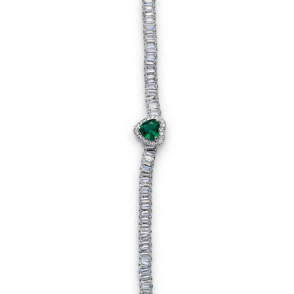 irgems-heart-tennis-bracelet-green-silver IR Gems Heart Tennis Bracelet – Baguette Zircon Bracelet with Colored Heart | 3 Colors - Image 1