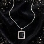 IR Gems Jet Black Square Halo Necklace | Silver Chain | Gothic Pendant for Girls - Image 3