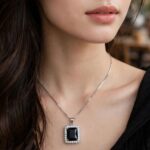 IR Gems Jet Black Square Halo Necklace | Silver Chain | Gothic Pendant for Girls - Image 2