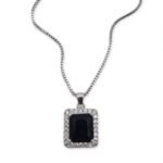 IR Gems Jet Black Square Halo Necklace | Silver Chain | Gothic Pendant for Girls