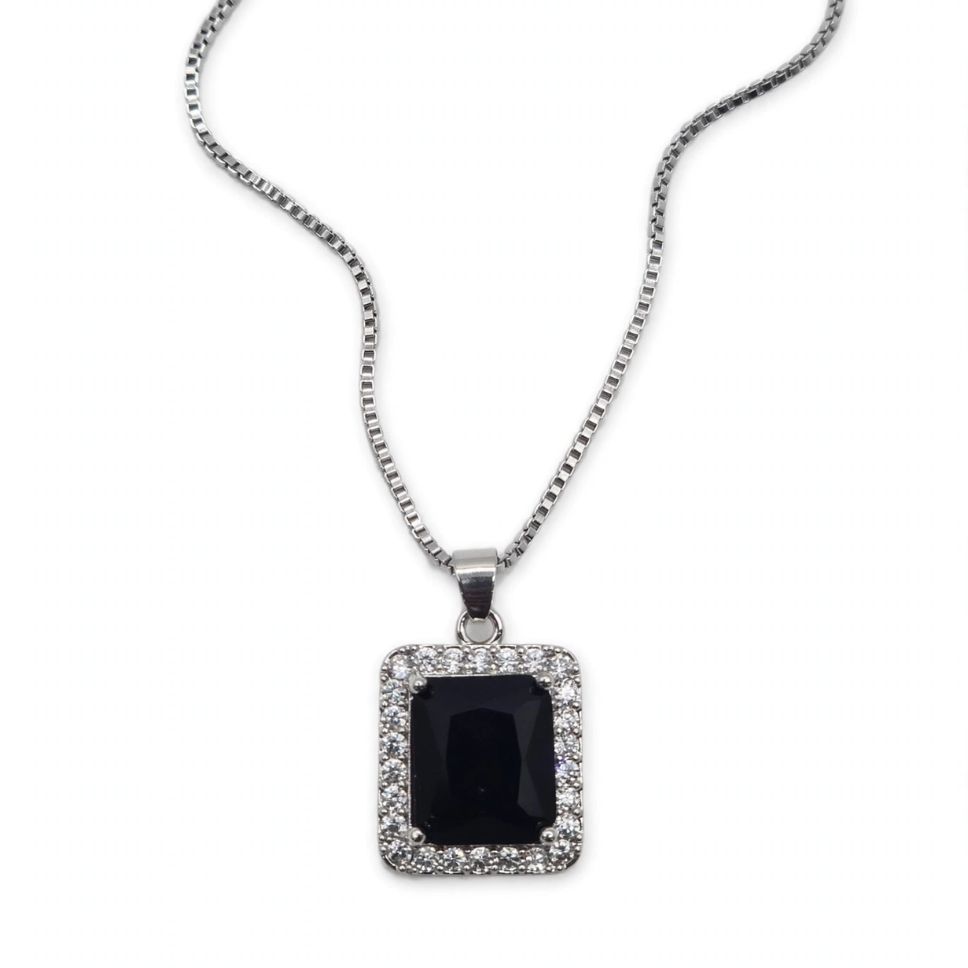irgems-jet-black-square-white IR Gems Jet Black Square Halo Necklace | Silver Chain | Gothic Pendant for Girls - Image 1