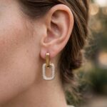 IR Gems Linked Rectangle Stud Earrings | Gold Interlinked Hollow Rectangles | Top Plain Gold + Bottom Pave Crystal | Minimal Statement - Image 2