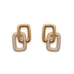 IR Gems Linked Rectangle Stud Earrings | Gold Interlinked Hollow Rectangles | Top Plain Gold + Bottom Pave Crystal | Minimal Statement