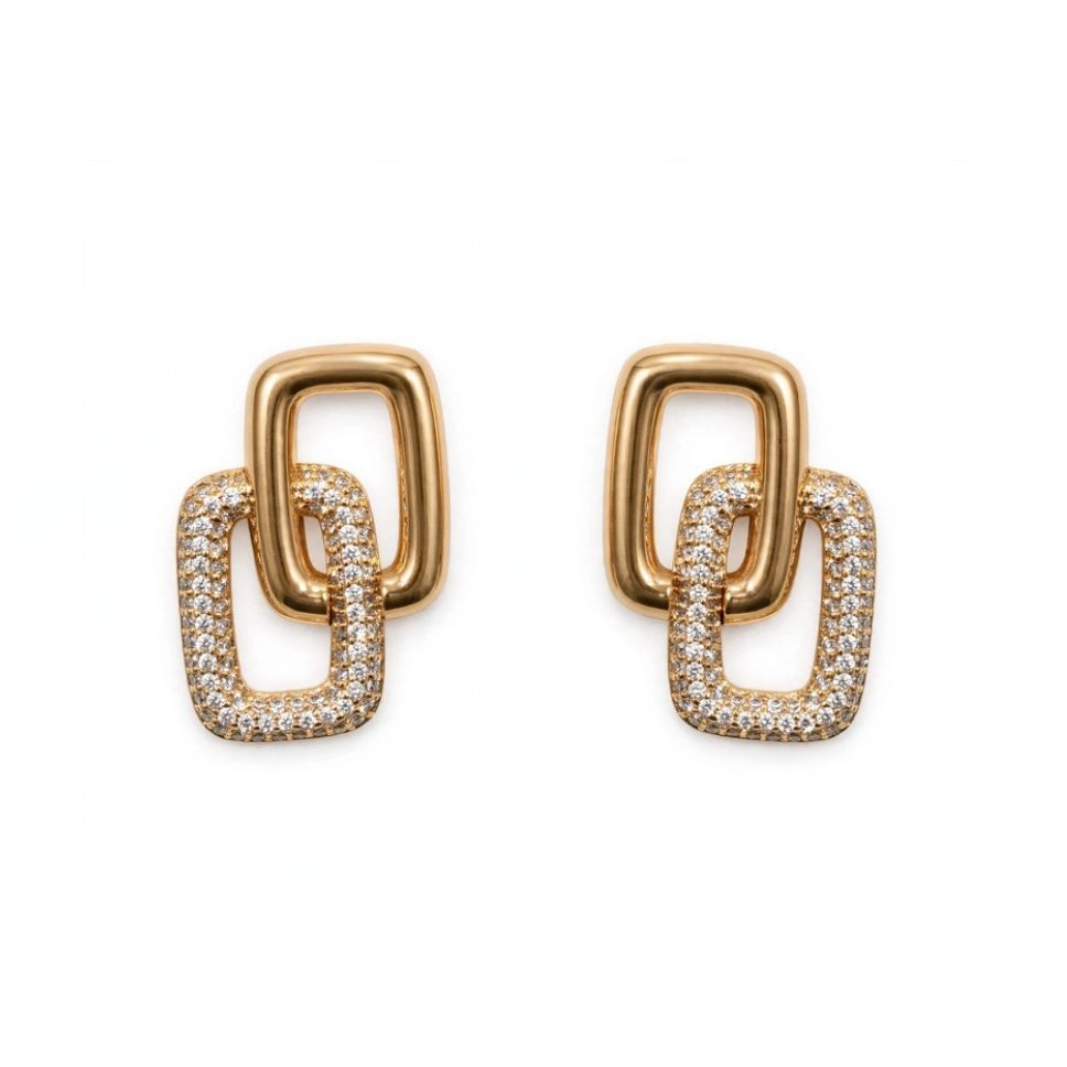 irgems-link-rect-stud-white IR Gems Linked Rectangle Stud Earrings | Gold Interlinked Hollow Rectangles | Top Plain Gold + Bottom Pave Crystal | Minimal Statement - Image 1