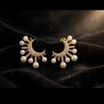 IR Gems Pearl Sunburst C-Hoop Earrings | Gold Half Moon Studs with Zircon Pave & Hanging Pearls | Statement Party Wear - Image 3