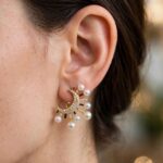 IR Gems Pearl Sunburst C-Hoop Earrings | Gold Half Moon Studs with Zircon Pave & Hanging Pearls | Statement Party Wear - Image 2