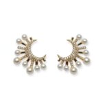 IR Gems Pearl Sunburst C-Hoop Earrings | Gold Half Moon Studs with Zircon Pave & Hanging Pearls | Statement Party Wear