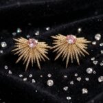 IR Gems Pink Sunburst Stud Earrings | Gold Starburst Earrings with Pink Crystal Center & Pave Rays | Party Wear - Image 3