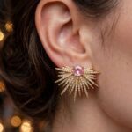IR Gems Pink Sunburst Stud Earrings | Gold Starburst Earrings with Pink Crystal Center & Pave Rays | Party Wear - Image 2