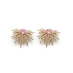 IR Gems Pink Sunburst Stud Earrings | Gold Starburst Earrings with Pink Crystal Center & Pave Rays | Party Wear
