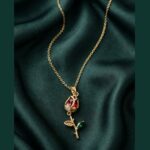 IR Gems Enchanted Red Rose Necklace | Gold Rosebud Pendant with Red Crystal, Zircon Accent & Green Leaf | Romantic Gift - Image 3