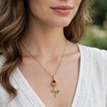 IR Gems Enchanted Red Rose Necklace | Gold Rosebud Pendant with Red Crystal, Zircon Accent & Green Leaf | Romantic Gift - Image 2