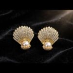 IR Gems Seashell Pearl Stud Earrings | Gold Fan Shell with Full Zircon Pave + Large Pearl | Statement Bridal - Image 3
