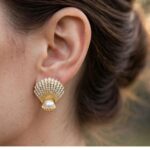 IR Gems Seashell Pearl Stud Earrings | Gold Fan Shell with Full Zircon Pave + Large Pearl | Statement Bridal - Image 2