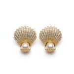 IR Gems Seashell Pearl Stud Earrings | Gold Fan Shell with Full Zircon Pave + Large Pearl | Statement Bridal