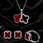 Stainless Steel Red Clover Set - Necklace, Earrings & Ring - Image 3