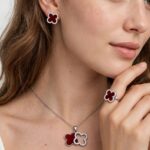 Stainless Steel Red Clover Set - Necklace, Earrings & Ring - Image 2
