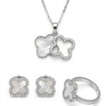 Silver Double Clover Set White - Stainless Steel MOP Necklace, Bali & Ring | IR Gems