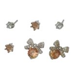 Peach Bow Crystal Earrings Set - 6 Pcs Clear & Peach Studs Combo