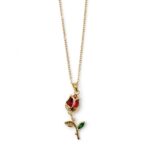 IR Gems Enchanted Red Rose Necklace | Gold Rosebud Pendant with Red Crystal, Zircon Accent & Green Leaf | Romantic Gift