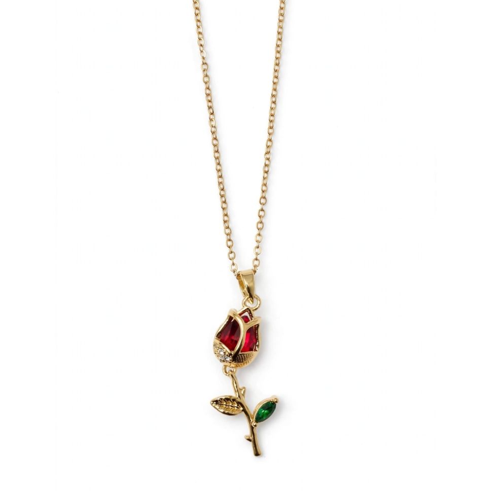 rgems-red-rose-necklace-white IR Gems Enchanted Red Rose Necklace | Gold Rosebud Pendant with Red Crystal, Zircon Accent & Green Leaf | Romantic Gift - Image 1