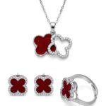 Stainless Steel Red Clover Set - Necklace, Earrings & Ring