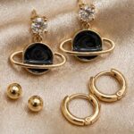 Black Saturn Planet Earrings Set – 6 Pcs Gold Studs & Mini Hoops Combo - Image 2
